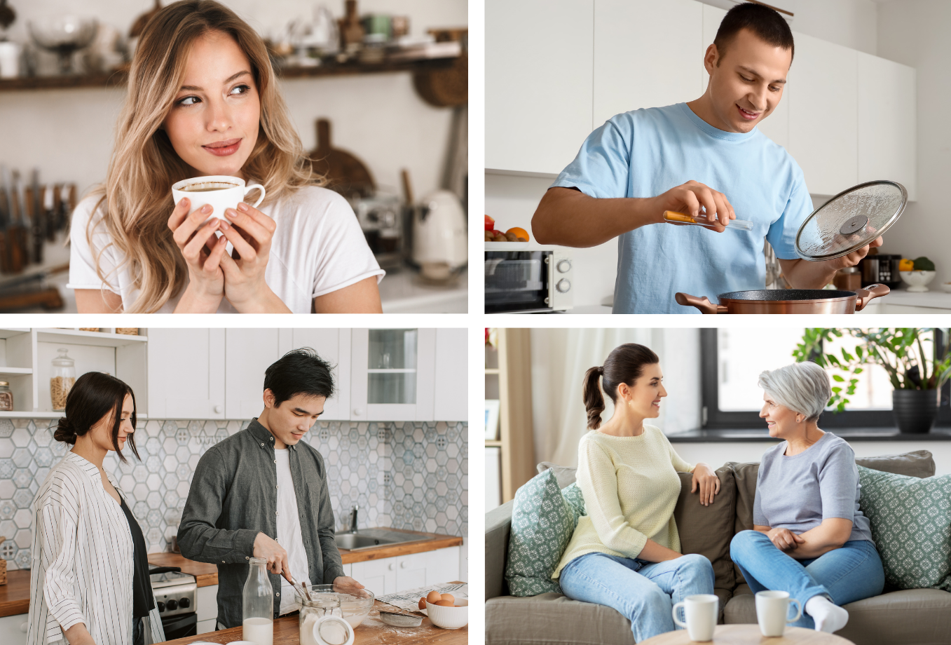 A woman enjoying coffee, a man in a kitchen, a couple standing together in a kitchen, and a mother and adult daughter sharing a warm moment on a couch - everyday people seeking counselling support across Australia